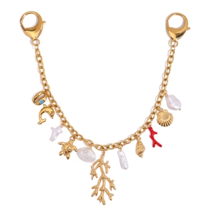 Gold plated stainless steel ocean bag charm with dolphin shells pearls and coral charms