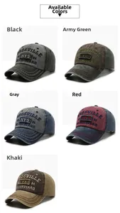 Detailed close-up of distressed washed denim baseball caps with various letter embroidery