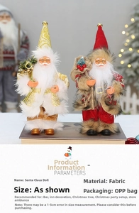 Close-up of Santa Claus dolls with sequined hats and gift bags for holiday decor