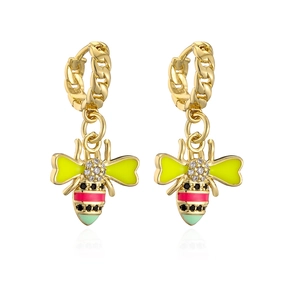 Close-up of 18K gold plated bee drop earrings with multi-color enamel and small zircons