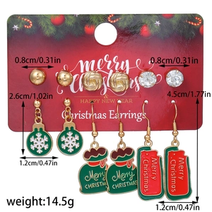 Detailed size chart for 6 pairs of Christmas earrings including snowflake and reindeer motifs