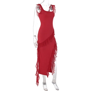Detailed view of dark red bodycon dress with asymmetric ruffle trim and side split