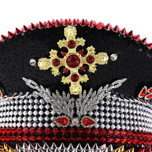 Sparkly rhinestone captain hat with gold cross, red spikes and pearls for festival parties