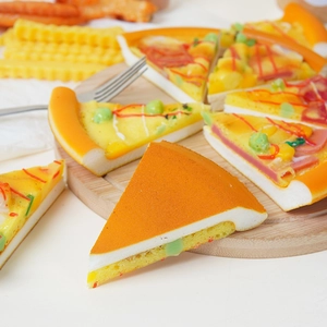 Realistic PU triangular cheese pizza model toy on wooden tray with stainless steel fork