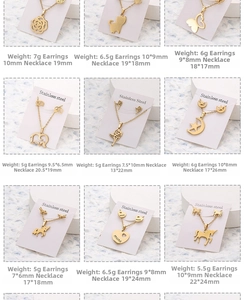 Macro shot of stainless steel gold necklace and earring sets in varied animal shapes