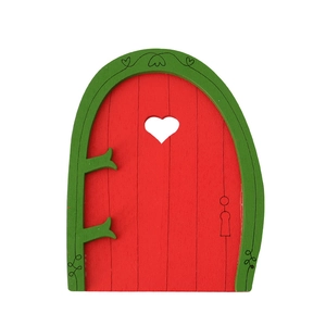 Miniature red wooden elf door with green frame and heart cutout for dollhouse decor