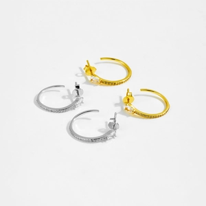 Détail macro de boucles d'oreilles C argent et or avec zircons sur fond blanc pur