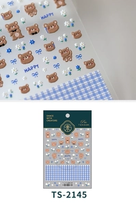 Detail of TS-2145 blue plaid bear embossed nail stickers with cute 3D floral patterns
