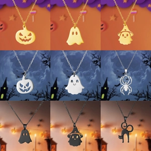 Halloween Ghost Pumpkin Spider Cat Pendant Necklace Stainless Steel Jewelry Party Favors Gifts Fashion Gothic Accessory
