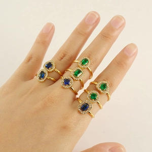Heart Shape Green Zircon Ring 18K Gold Plated Stainless Steel Adjustable Open Band Double Layer Jewelry For Women