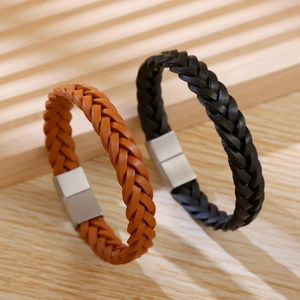 Men Woven Leather Bracelet With Stainless Steel Magnetic Clasp Handmade Casual Fashion Wristband