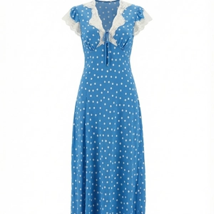 French vintage blue polka dot midi dress with white lace V-neck and belted waistline