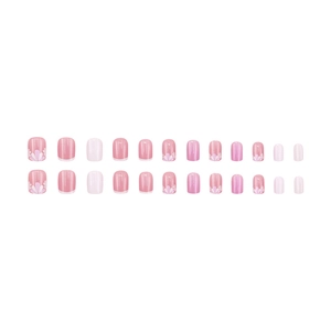 Pink and white gradient press-on nails with delicate floral patterns on a white background