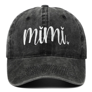 Vintage black washed denim baseball cap with white mimi embroidery and heart detail