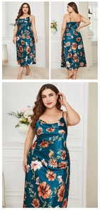 Detailed views showing floral print and satin texture of plus size summer sleepwear
