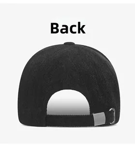 Detail view of the black baseball cap back with a silver metal adjustable buckle