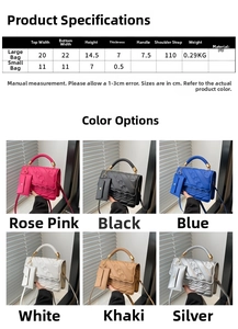 Size chart for quilted PU leather handbag set showing dimensions and six color options