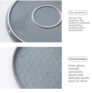 Detail of dark gray ceramic plate with non-slip matte bottom and fine smooth texture