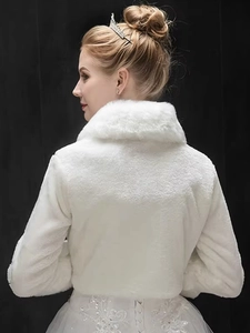 Rear view of white faux fur bridal shawl showing soft texture for wedding dresses