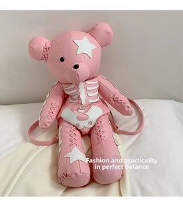 Detail of pink teddy bear backpack in lychee texture PU leather with bone patterns