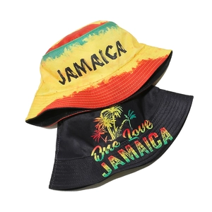 Jamaica style bucket hats in gradient colors and black with One Love tropical prints