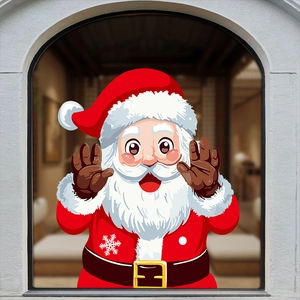 Santa Claus Christmas window stickers in red and white on a blurred glass background