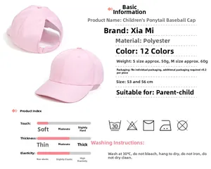 Pink kids polyester ponytail baseball cap detail showing 53cm and 56cm size specifications
