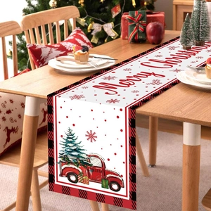 Christmas Table Runner Polyester Buffalo Plaid Red Truck Xmas Tree Merry Christmas Holiday Party Farmhouse Decoration