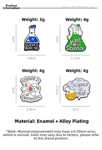 Detailed dimensions and weight specifications of four science enamel pin badges