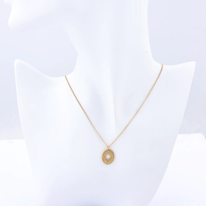 Macro detail of gold oval necklace with sunburst star pattern on white mannequin