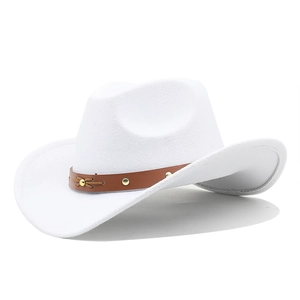 Detail of white felt cowboy hat with brown leather band and gold rivets for vintage style