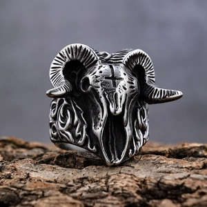 Gothic punk ram skull ring in antique silver stainless steel with cross detail