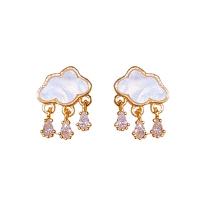 Elegant gold-tone cloud earrings with white mother-of-pearl and three zircon teardrops