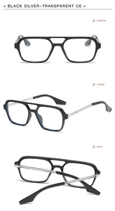 Detailed multi-angle views of black and silver double bridge square frame glasses