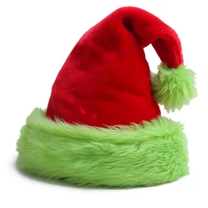 Red Velvet Christmas Hat Neon Green Faux Fur Brim Colorful LED Light Glow Long Tail Party Costume For Adults Kids Babies