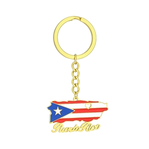 Close-up of Puerto Rico map keychain with gold plating and colorful enamel flag detail