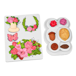 Silicone fondant mold set for DIY cake decoration with floral and nut shaped designs