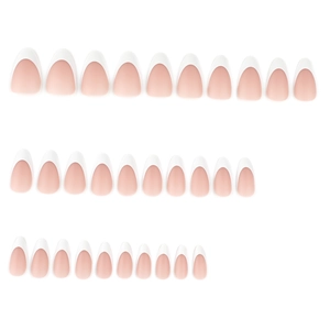 Classic French tip press-on nails in short almond shape with pink base and white tips