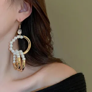 Französische Vintage-Ohrringe mit Zirkon und Perlen, elegant vergoldetes Design für Damen