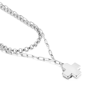 Minimalist double layer stainless steel necklace with silver cross pendant and mirror finish