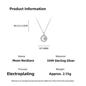 Macro detail of S999 sterling silver moon pendant with sparkling cubic zirconia stone