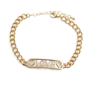 Bracelet À Maillons En Cuivre Plaqué Or Et Jonc En Acier Chiffres Romains Avec Plaque Love Cœur Zircon Bijoux Femmes