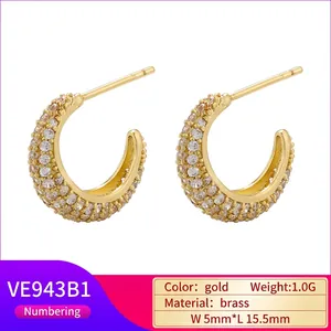 Minimalist gold brass C-shape hoop earrings with pavé white cubic zirconia inlay