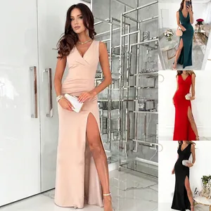 Vestido Largo Sexy Ajustado con Cuello en V Sin Mangas y Abertura Alta Elegante Cintura Fruncida Fiesta de Noche Formal