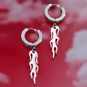 Polished stainless steel hoop earrings with flame pendants and mirror finish