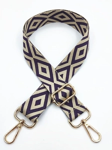 Adjustable geometric diamond weave shoulder strap in purple and beige with gold hardware