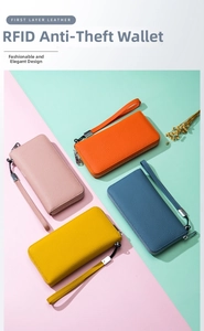 Litchi grain leather long wallets in multiple colors with RFID protection and wrist strap