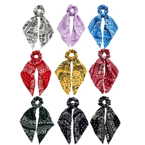 Paisley Print Hair Scarf Scrunchie Long Bow Streamer Retro Vintage Polyester Fabric Hair Accessories For Women