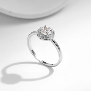 Elegant S925 sterling silver ring with brilliant round moissanite halo setting in silver finish