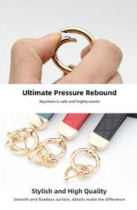 Close-up of spring ring hook and diamond pattern leather strap on various car keychains